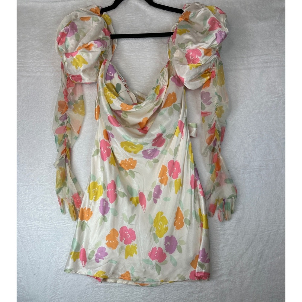 For Love & Lemons Floral Mini Dress Womens M Cream Puff Sleeve Cowl Tie Back